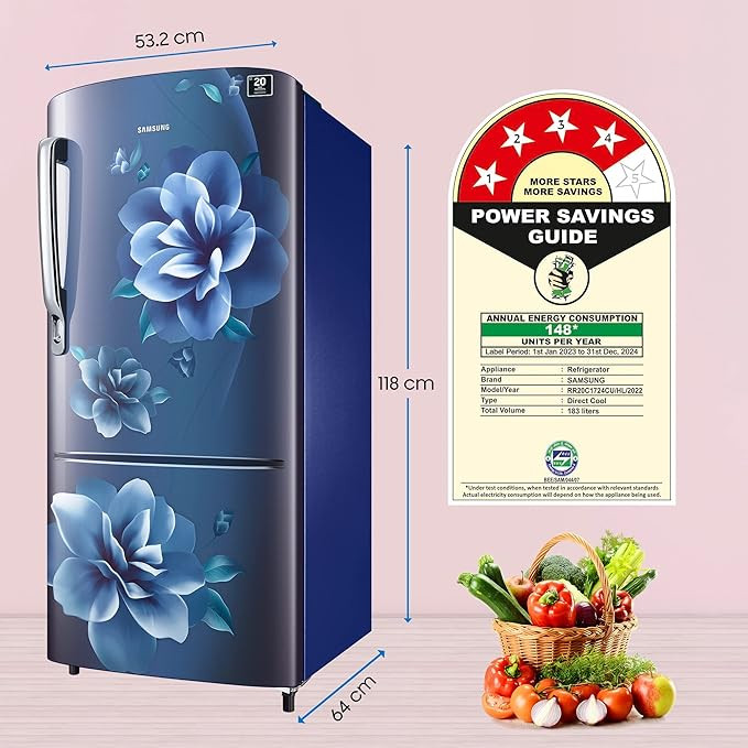 Samsung 183 L, 4 Star, Digital Inverter, Direct-Cool Single Door Refrigerator (RR20C1724CU/HL, Camellia Blue, 2023 Model)